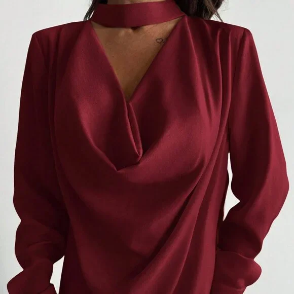 Burgundy Minimalist Women's 0vowl neck Long Sleeve Shirt - Picture 6 of 7